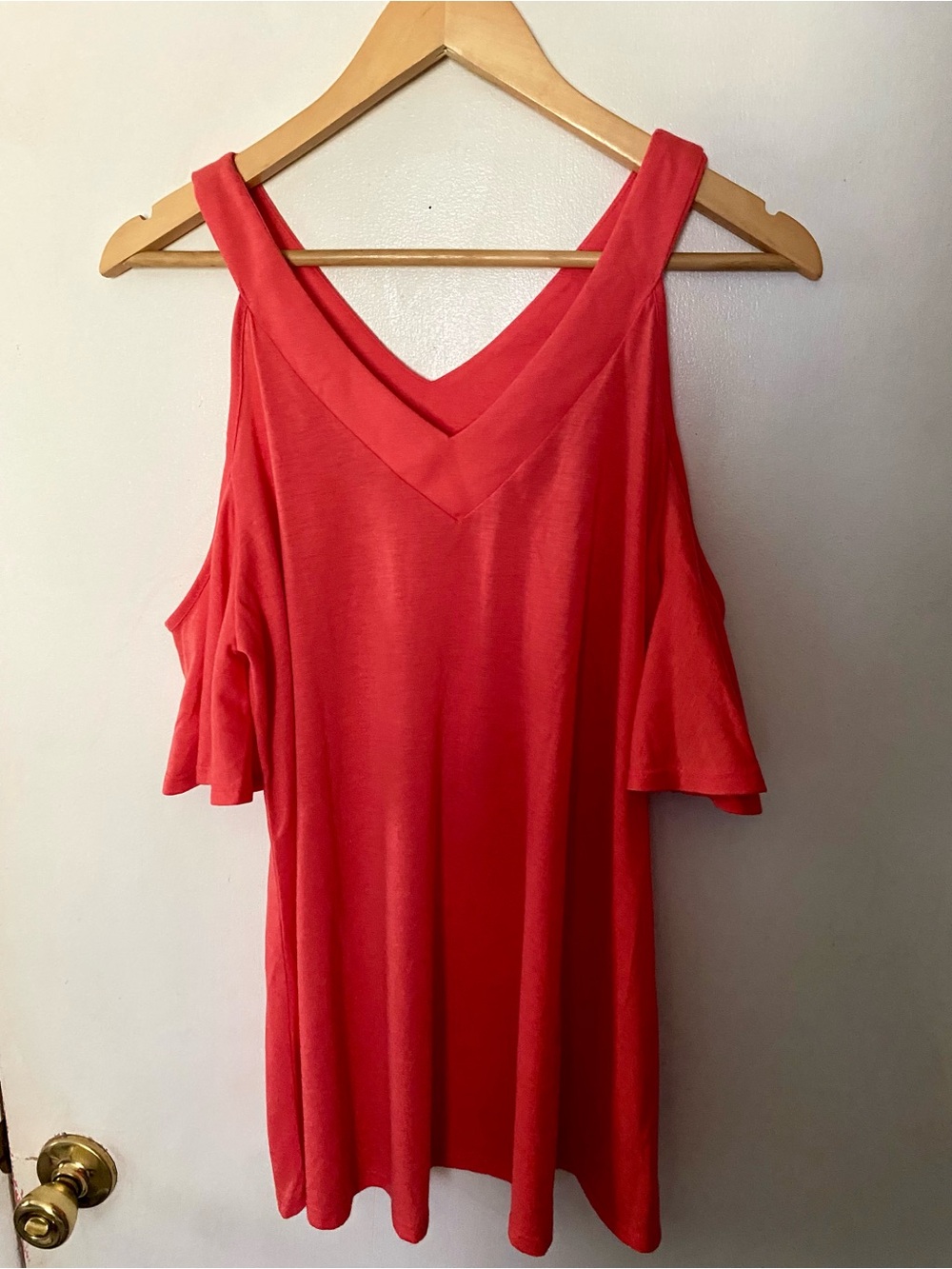 Women’s Coral Cold-Shoulder V-Neck Top